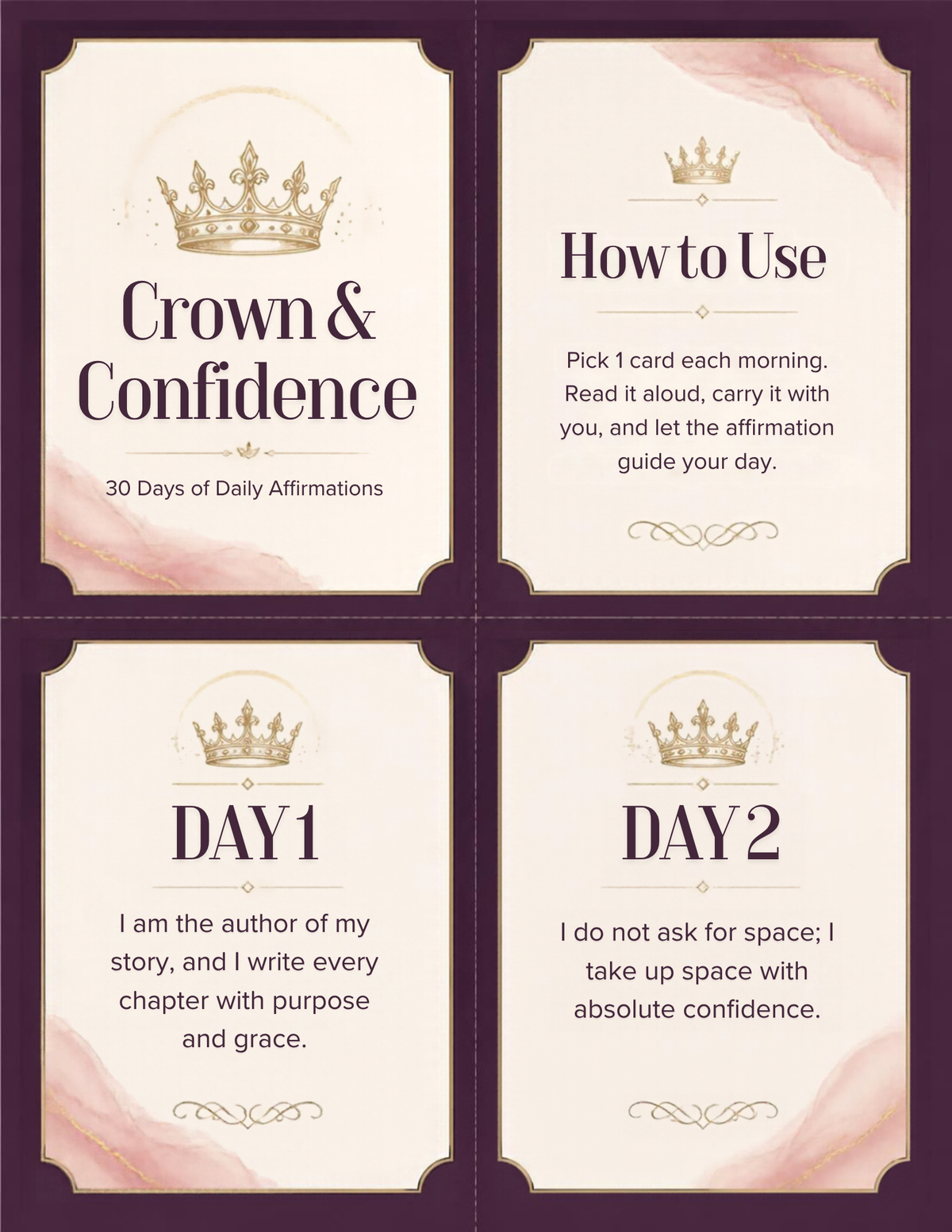 Crown & Confidence: 30-Day Affirmation Deck (Printable Digital Download)