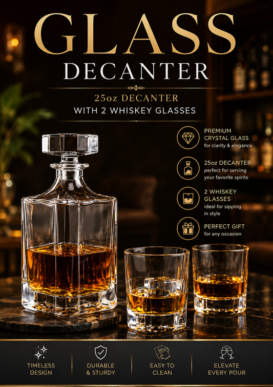 25oz Laser Engraved Glass Decanter w/ 2 whiskey glasses✨